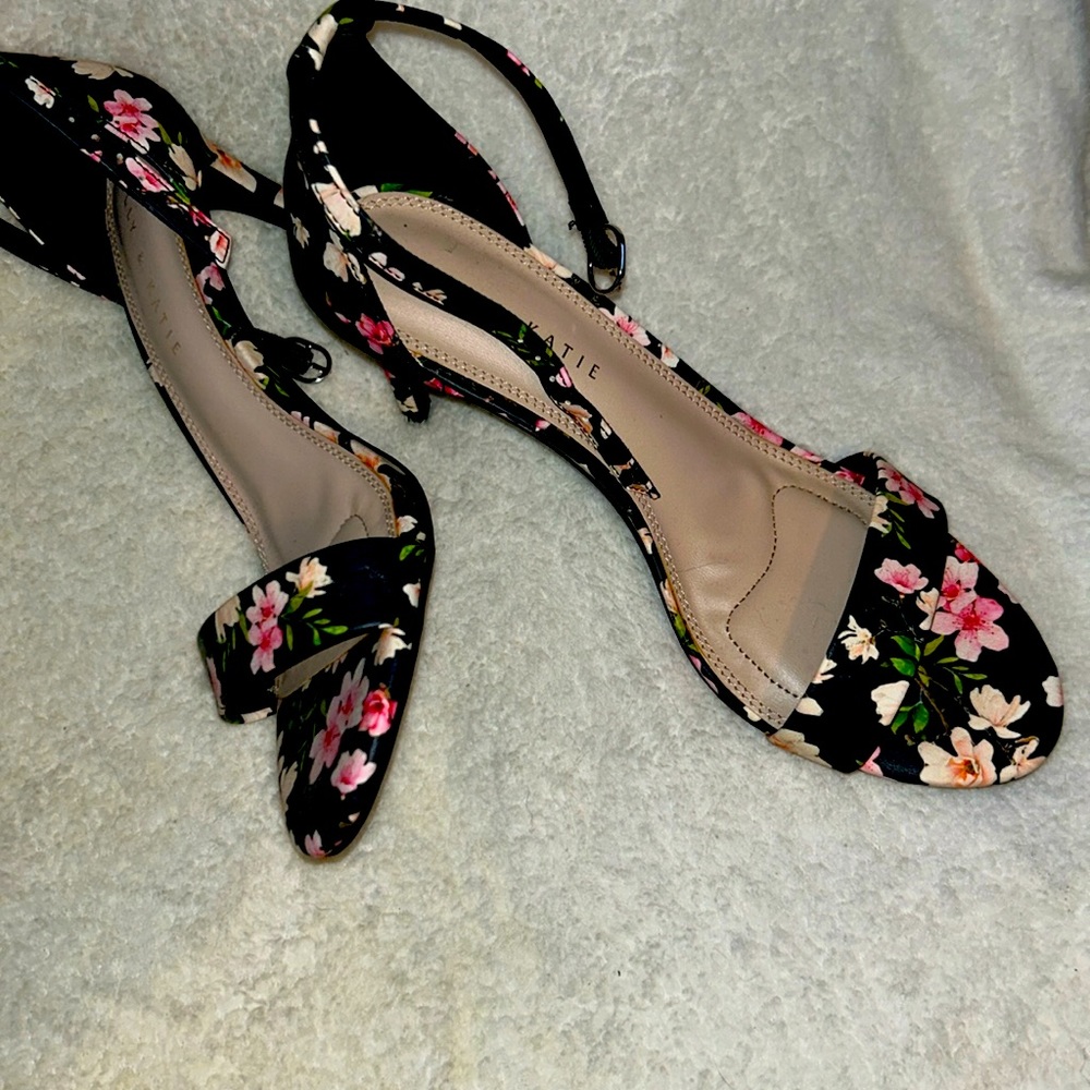 Navy & pink floral, kitten heel sandals, with silver buckled ankle strap